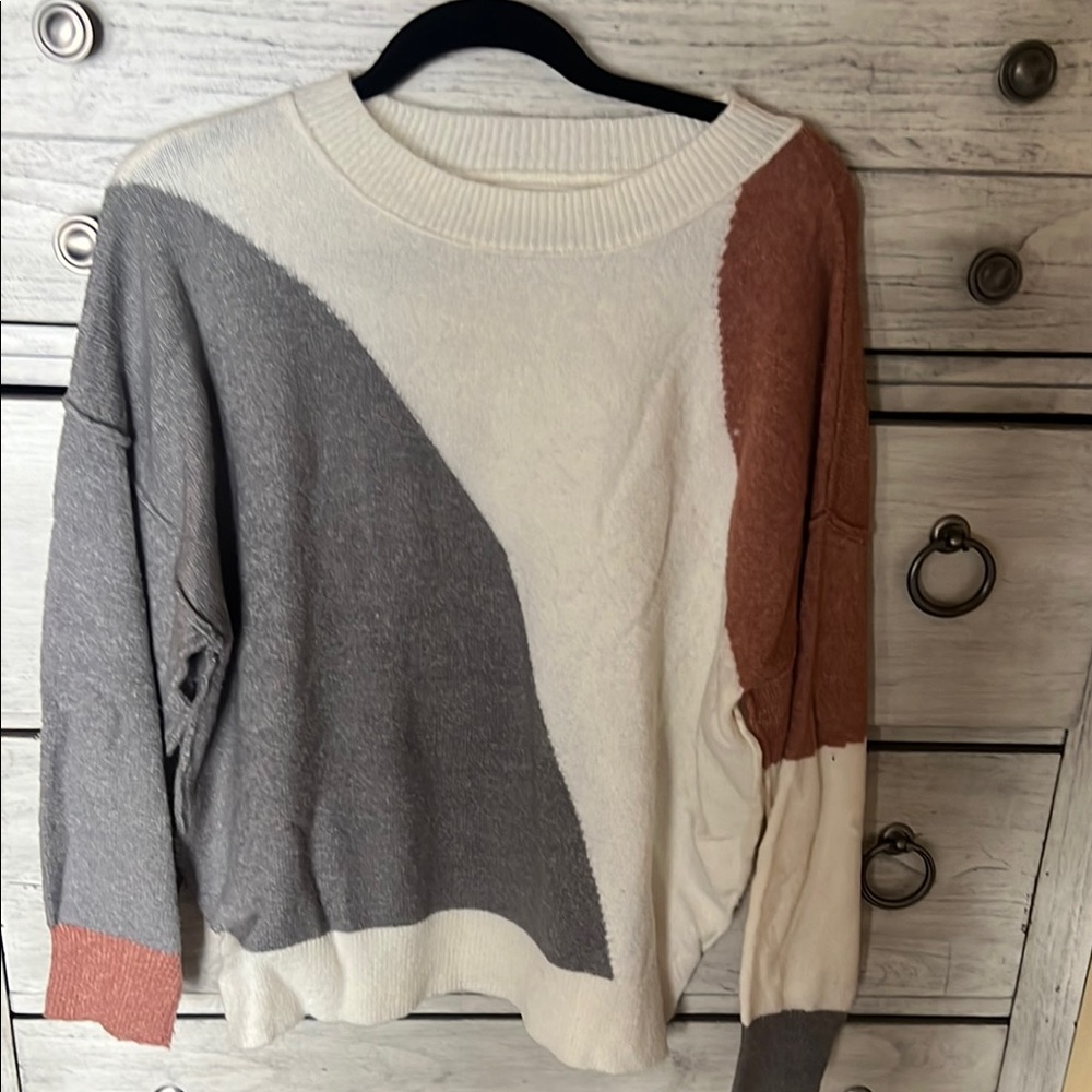 Colorblock Sweater in Gray, White, and Rust